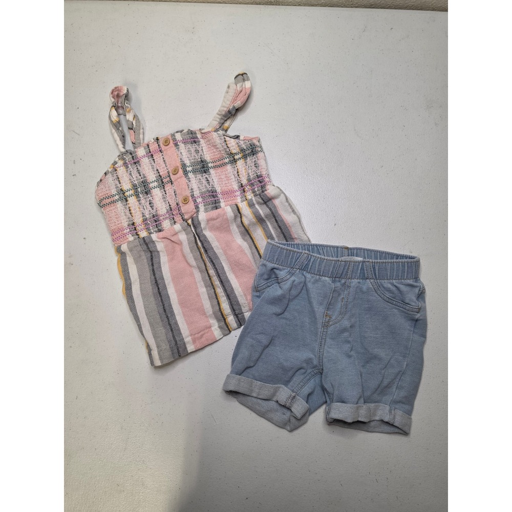 Cat & Jack Toddler Girls 2T Striped Smocked Tank Top and Denim Shorts Set